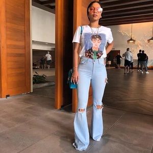 High Waisted Torn Denim bell bottom pants